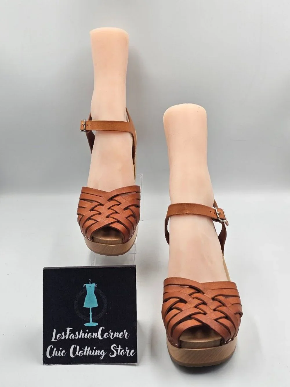 Swedish Hasbeens Womens Braided Tan Leather Sky High Wooden Clogs Sz 9.5 3719 - Picture 12 of 16